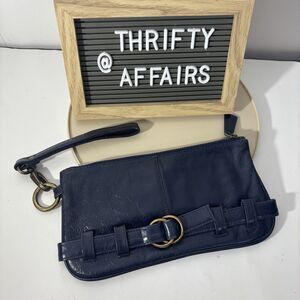 LATICO VTG Blue Leather Bag Clutch Navy Belt Buckle Wristlet Zipper PURSE NJ USA